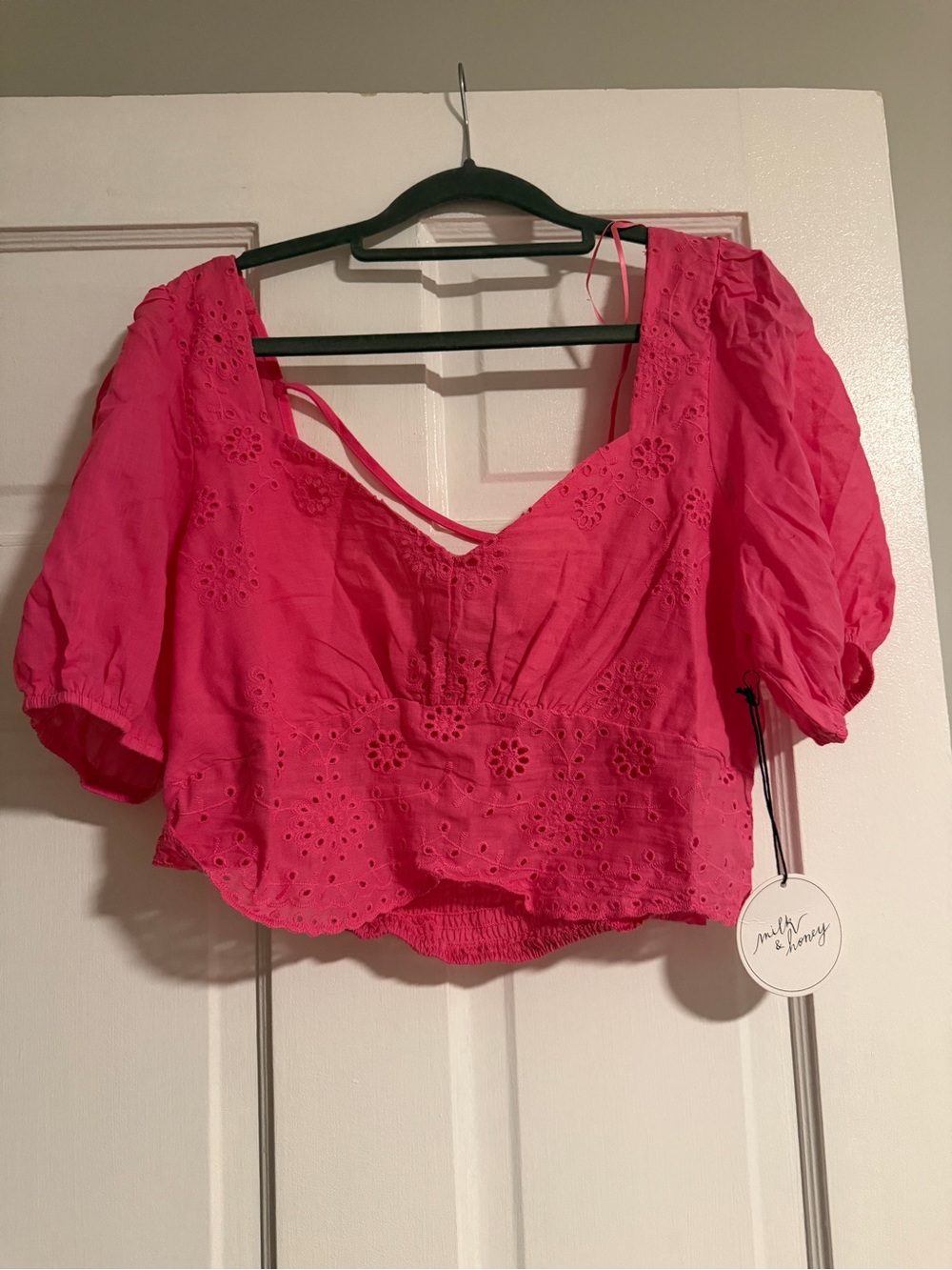 Cropped Pink Eyelet Puff-Sleeve Blouse